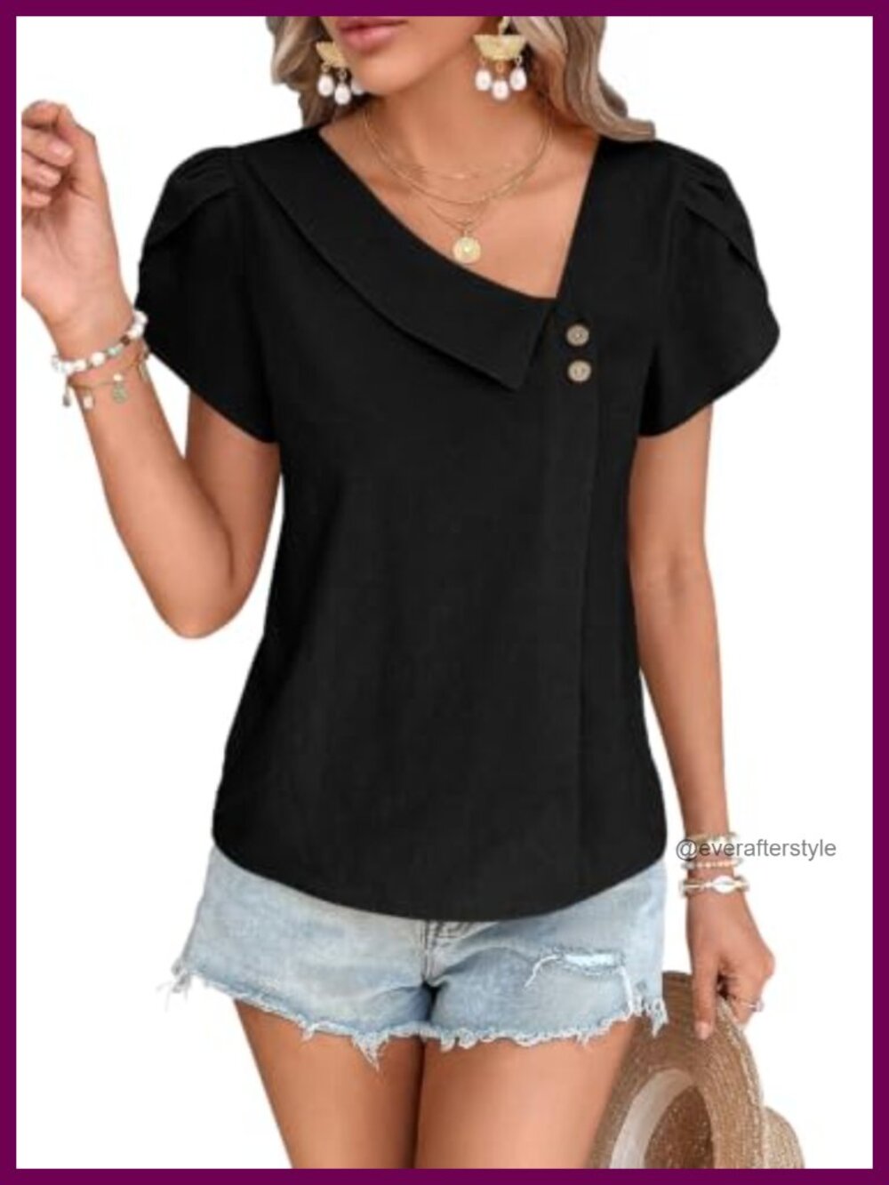 Womens Asymmetric Neck Blouse Petal Sleeve Textured Linen Like Work Top